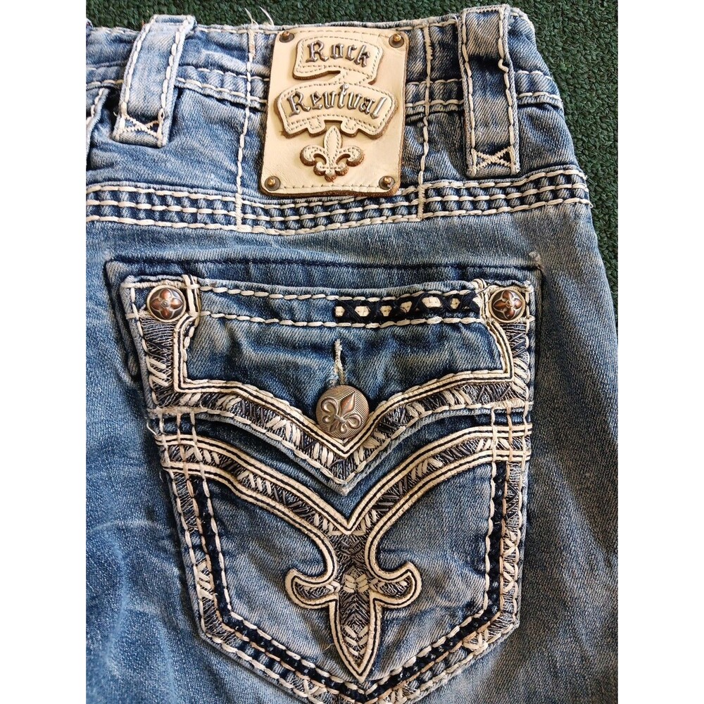 Rock Revival Mikael Slim Boot Cut Jean Size 30 Medium Wash Distressed 31" Inseam